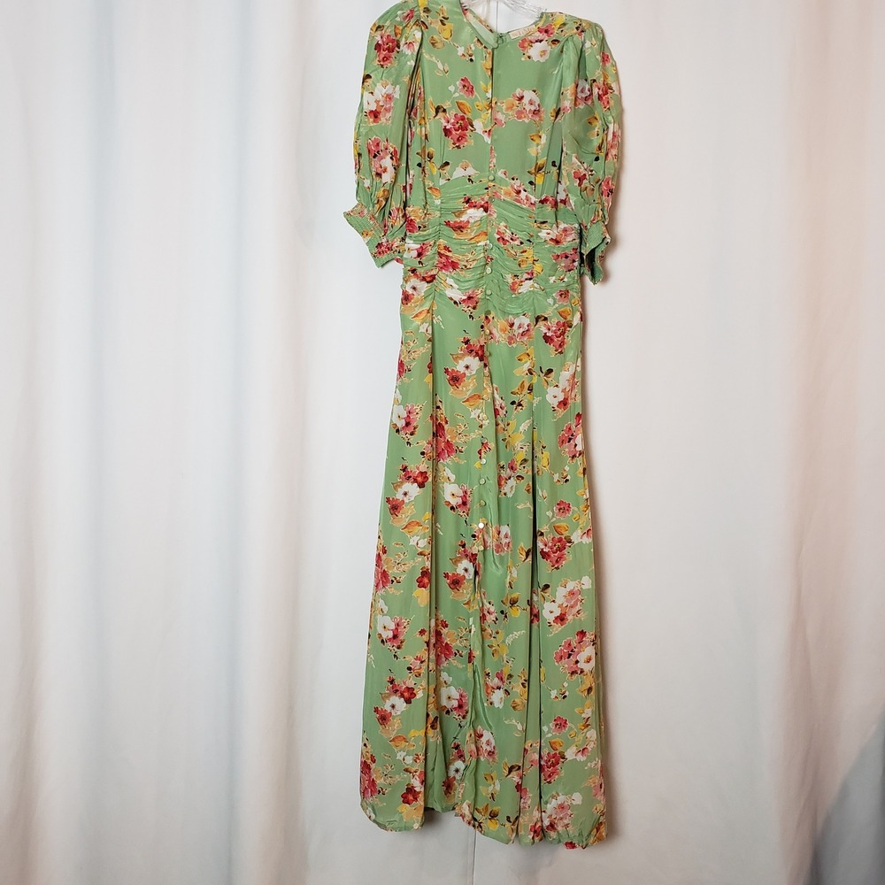 byTiMo Green Floral Ruched Viscose Maxi Dress Puff Sleeve Smocked Cuffs Size S